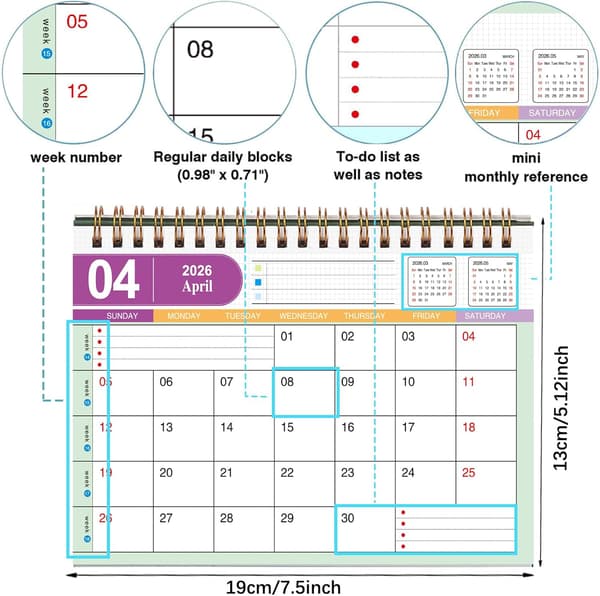 2026 Mini skrivebordskalender, vertikal kalender med vendbare sider (blå)