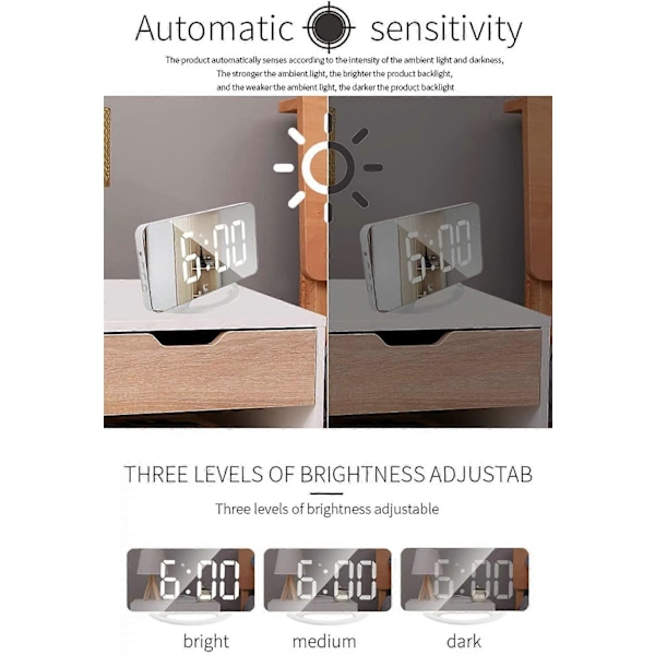 LED spegelklocka, mini digital väckarklocka, bordsklocka, med snooze-funktion, 3 justerbara ljusstyrkor, automatisk anpassningsbar bakgrundsbelysning