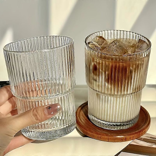 2 st, Ribbade Glaskoppar, Vertikala Ränder Vattenkopp, Iskaffe Koppar, Dricksglas För Juice, Mjölk, Te, Och Mer, Sommar Vinter Dryckesglas