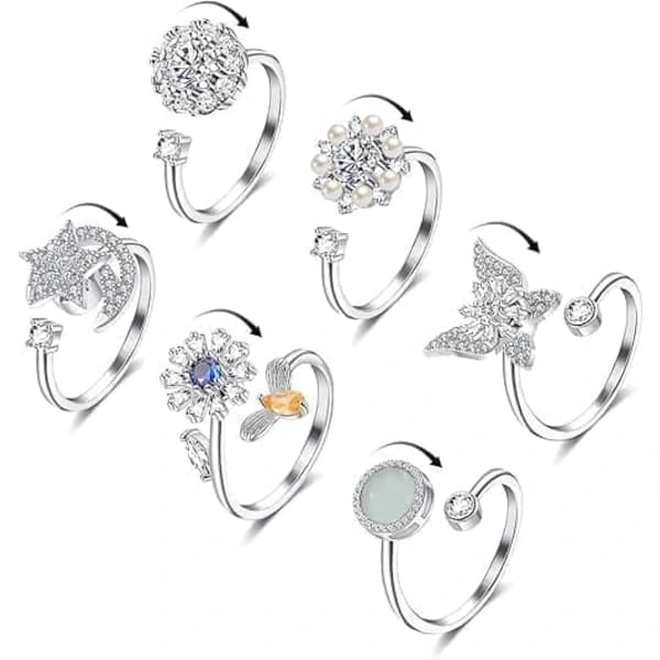 Stressring 6-pakning – Justerbar Angstring & Fidget Ring for Kvinner Sølv 6 stk