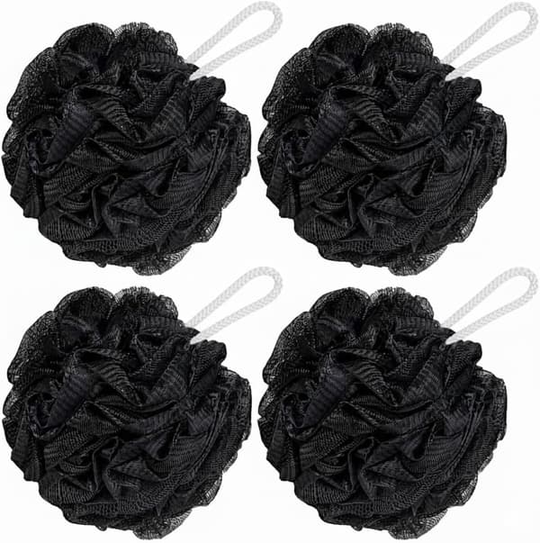 Loofah badebolde – 4-pak sorte netbadesvampe og kropsskrubbebolde
