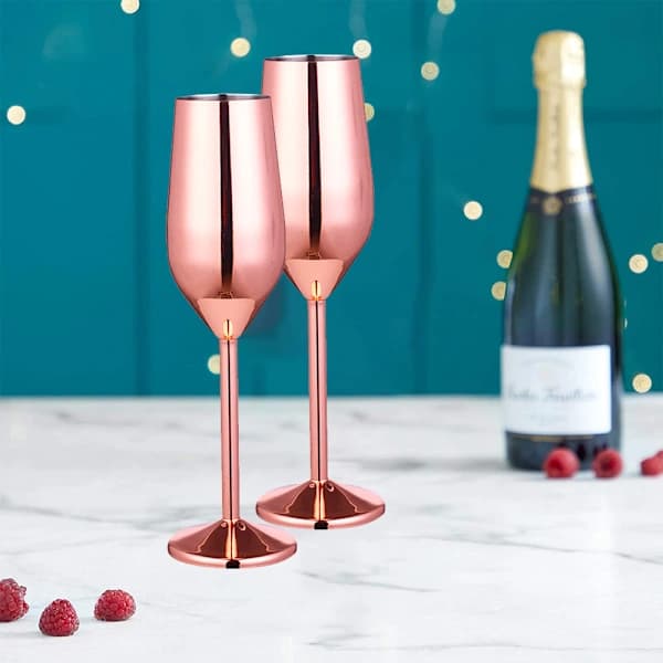 2-pak vinglas i rustfrit stål - champagneglas 220 ml [rosaguld]