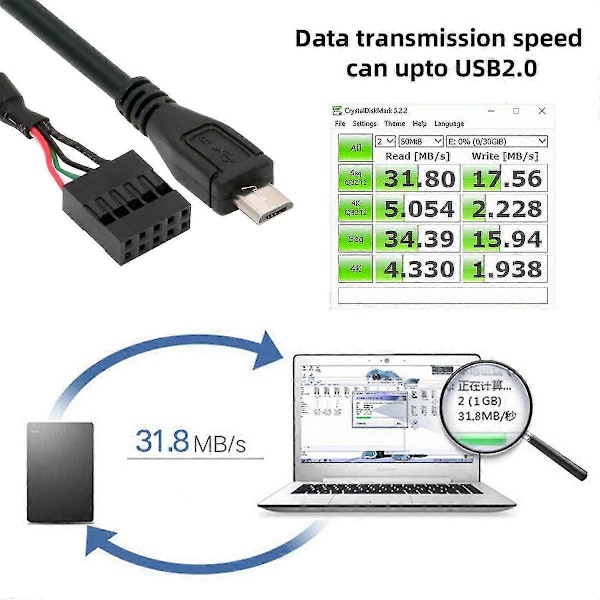 U2-018-MM USB 2.0 Emoleväkortin 9-nastainen 10-nastainen liitin Micro USB 5-nastaiseen kaapeliin 50 cm Mini-näytölle ja anturille