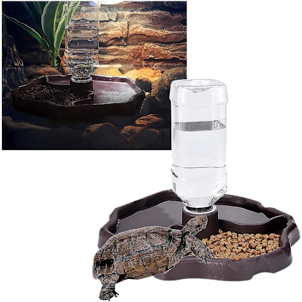 Reptil Vannbeholder, 2-i-1 Anti-overløp Skål Matdispenser, Plastskål For Skilpadde Gecko - Brun TR388