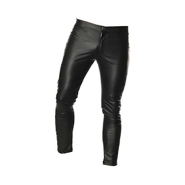 Men's Fashion Leather Look Long Pants Zipper Pouch Trousers Night Club Costume Size L (Black)