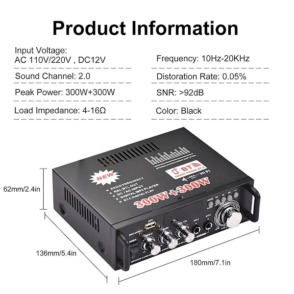 Bt-298a Mini Audio Forsterker 2ch 300w+300w For Bil Hjem Bluetooth Digital Audiomottaker Amp