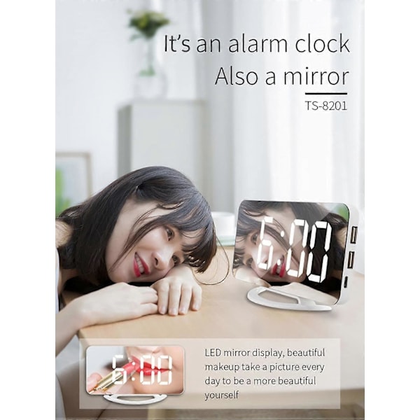 LED spegelklocka, mini digital väckarklocka, bordsklocka, med snooze-funktion, 3 justerbara ljusstyrkor, automatisk anpassningsbar bakgrundsbelysning