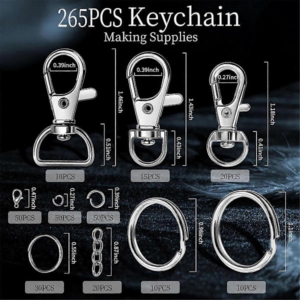 265 stk Metall Hummerklo-spenne med nøkkelring for håndverk, Lanyard-klips Snap Hook, Svingbare spenner