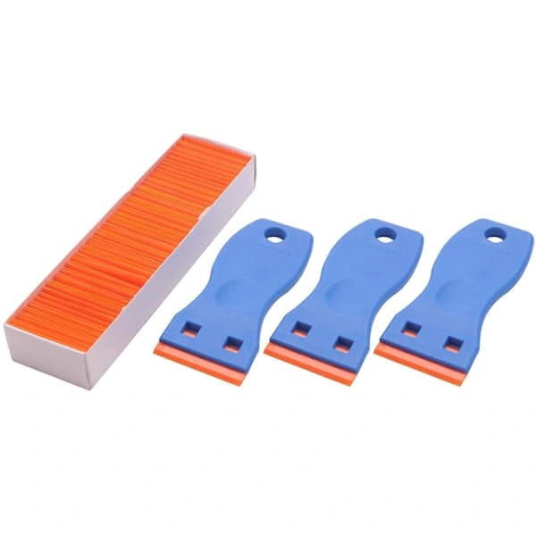 3 stk. plastskraper med barberblader og 100 stk. 1,5 tommers dobbeltkantede plastbarberblader for bilfrontrute