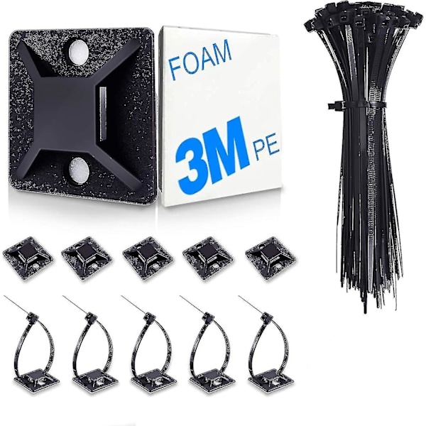 100 Pack Zip Tie Mount With Cable Ties,self Adhesive-backed Mounts For Wire Holder, Black Cable Management Clips Wall Anchors Best Gift