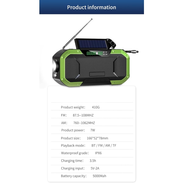 Handvevradio med LCD-display, 2000mAh bärbar NOAA väder solradio svart