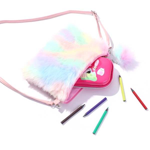 Kvinnor Flickor Barn Fluffy Fuzzy rainbow Bag Plysch Tie Dye Rainbow Crossbody-väska
