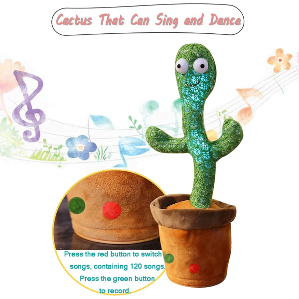 Dansande kaktusleksak, upprepar vad du säger, sjunger, dansar, spelar in, LED (120 låtar)