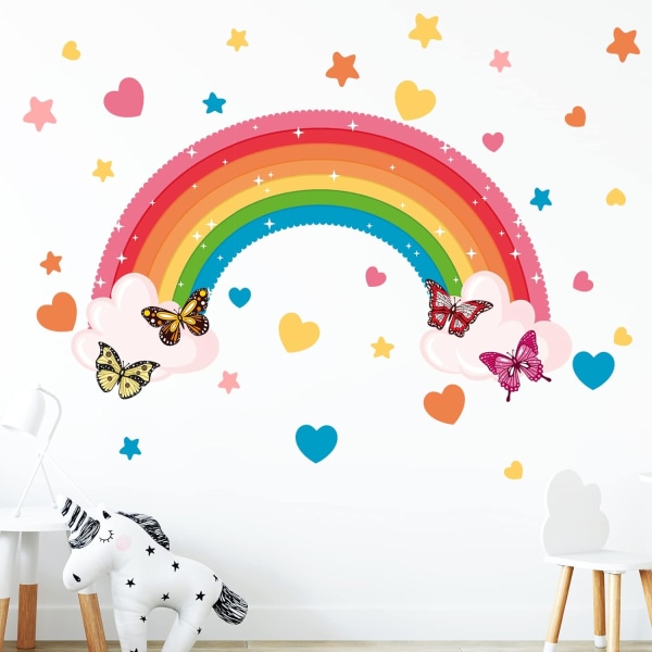 Regnbågsväggklistermärken, färgglada hjärtan Stjärnor Moln Fjärilar Väggdekaler för pojkar Flickor Barnkammare Sovrum Vardagsrum Avtagbar heminredning