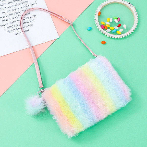 Kvinnor Flickor Barn Fluffy Fuzzy rainbow Bag Plysch Tie Dye Rainbow Crossbody-väska