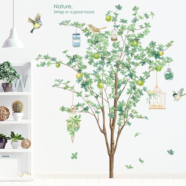 Stora dekorativa väggdekaler för träd Grönt träd Växtväggdekaler Fågel Vinyl Träd Fågelväggdekaler Växtväggklistermärken för sovrum Living