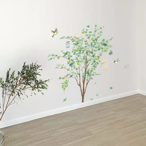 Stora dekorativa väggdekaler för träd Grönt träd Växtväggdekaler Fågel Vinyl Träd Fågelväggdekaler Växtväggklistermärken för sovrum Living