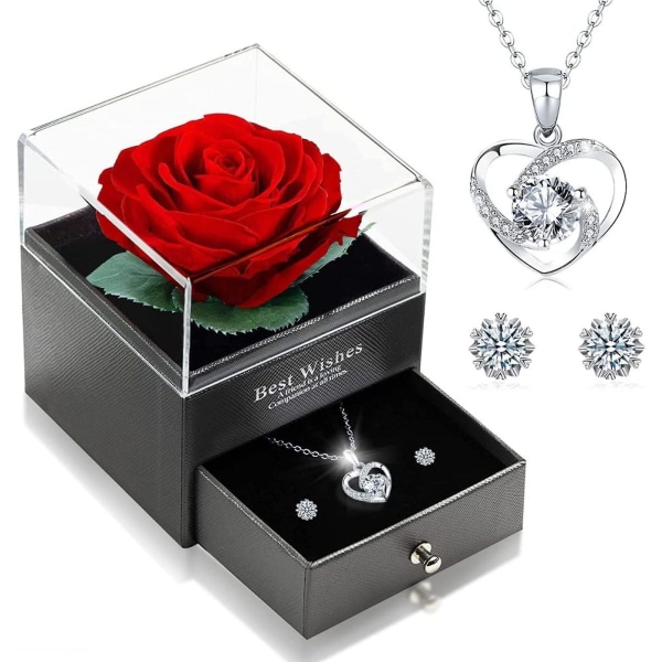 Eternal True Rose med hjärta Halsband Örhängen 925 Sterling Silver Smycken