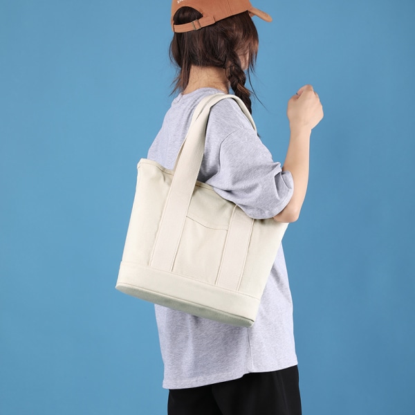 Tygväska med flera fickor med dragkedja, japansk handgjord handväska i canvas med fack