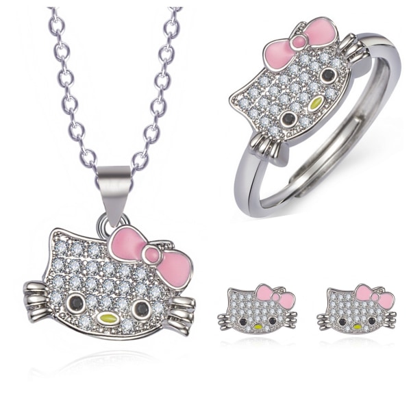 Vitguld fluga-ring och flerfärgat Cubic Zirconia-halsband - Rosa-färgade modesmycken för tidlös stil