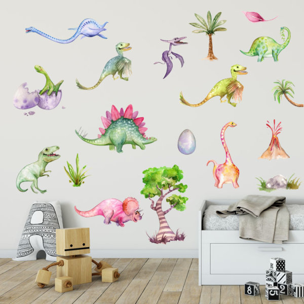 Akvarell Dinosaur Väggdekaler, Peel And Stick Färgglad väggkonst väggmålning för barn sovrum, barnkammare, klassrum och mer