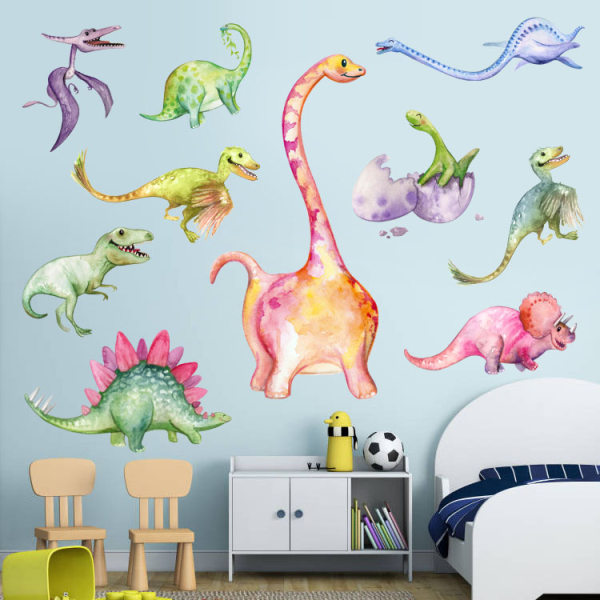 Akvarell Dinosaur Väggdekaler, Peel And Stick Färgglad väggkonst väggmålning för barn sovrum, barnkammare, klassrum och mer