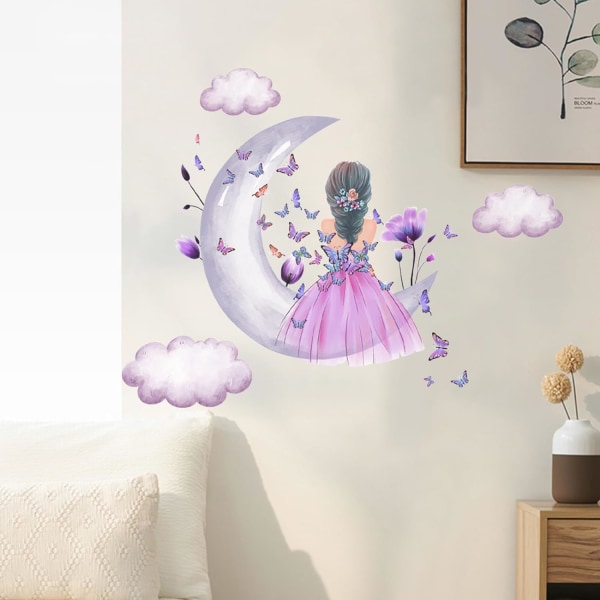 Butterfly Girl Väggdekaler, Moon Clouds Flower Fairy Väggdekor, Fairy Väggdekor, Flickor Baby Nursery Sovrum Vardagsrum, Väggdekoration