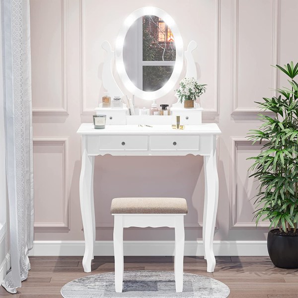 Toalettbord med Spegel och Glödlampor, LED Sminkbord Med Pall