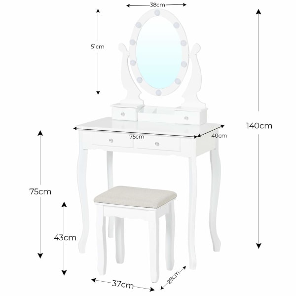 Toalettbord med Spegel och Glödlampor, LED Sminkbord Med Pall