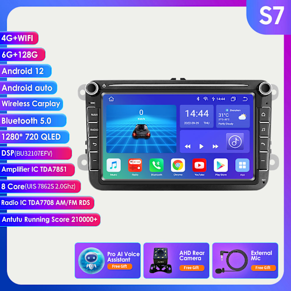 Car Multimedia Player, Ossuret, HC2 CP AI, 2GB, 32GB, Android 12, Black