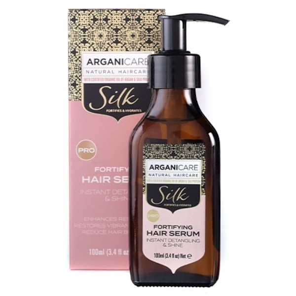 Arganicare-hiusseerumi silkkiproteiinilla – irrottaa ja lisää kiiltoa ja taistelee hiusten katkeilua vastaan.100ml