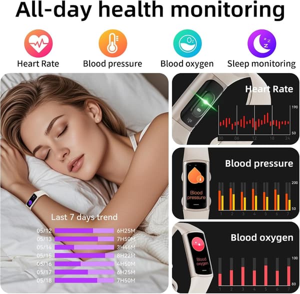 Smart aktivitetsarmbånd med skritteller, søvnovervåking, flere sportsmoduser, smartklokke for iPhone og Android, oppladbart Black