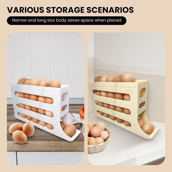 Egg Storage 18 Eggs, Egg Dispenser, 4-Tier Egg Container for Refrigerator Egg Holder - Automatic Rolling Yellow