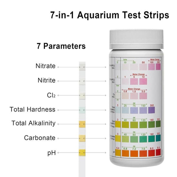 100-pack 7-in-1 Test Strips for Aquarium, Pool and Spa - Measures Total Hardness, Nitrate, Nitrite, Chlorine, Total Alkalinity, Carbonates & pH