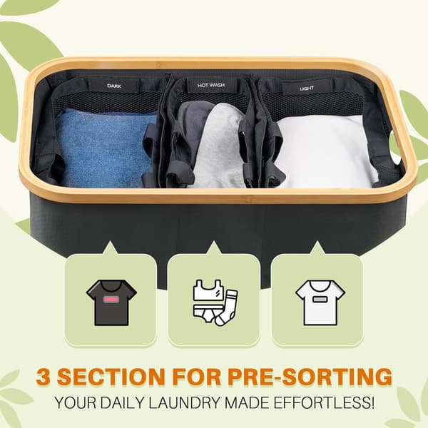 Laundry Basket with Handles, Foldable Hamper with 3 Removable Inner Pockets for Dirty Clothes, Foldable Cloth, 160 L Black