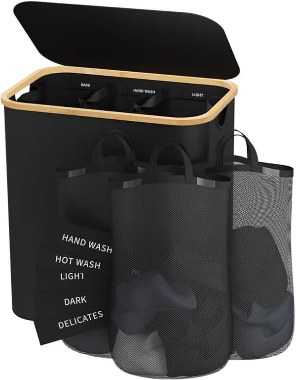Laundry Basket with Handles, Foldable Hamper with 3 Removable Inner Pockets for Dirty Clothes, Foldable Cloth, 160 L Black