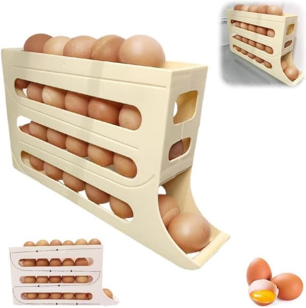 Egg Storage 18 Eggs, Egg Dispenser, 4-Tier Egg Container for Refrigerator Egg Holder - Automatic Rolling Yellow