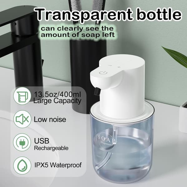 Automatisk Sæbedispenser, 400 ml Sæbedispenser til Flydende Sæbe Berøringsfri Sæbedispenser med USB-C Opladning White