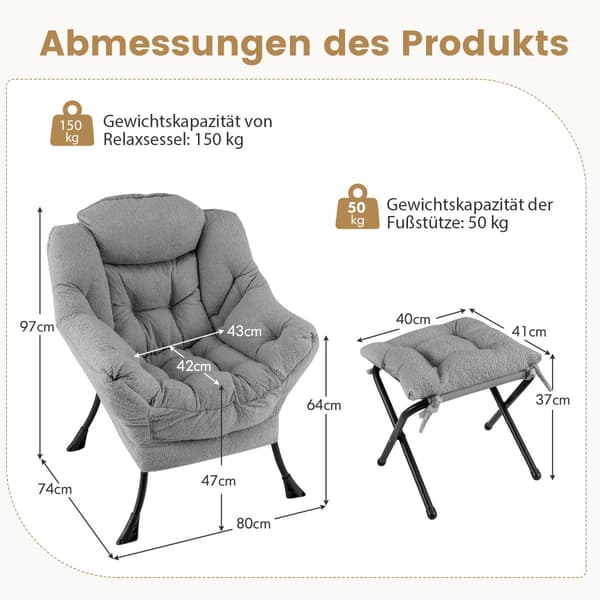 Modern fåtölj med fällbart fotstöd och nackkudde - Grå 97 cm