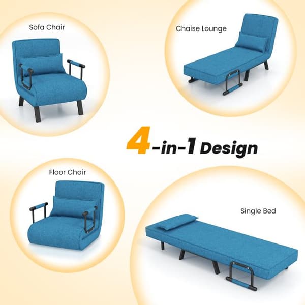 Vikbar 6-läges konvertibel bäddsoffa fåtölj lounge soffa med kudde-blå 184 cm