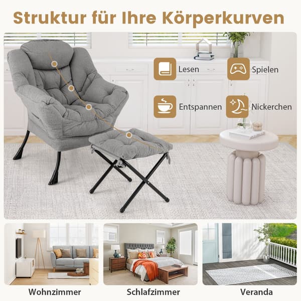 Modern fåtölj med fällbart fotstöd och nackkudde - Grå 97 cm