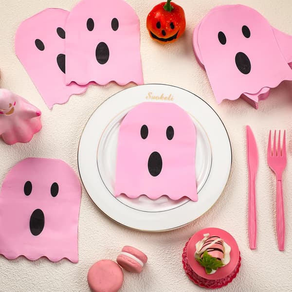 100 stykker Halloween spøgelsesservietter hvide 2-lags engangs foldede, lyserøde pink
