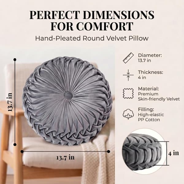 Rund fløyelspute til sofa Liten håndlaget dekorativ pyntepute til seng Soverom 38*38*15cm Grå gray