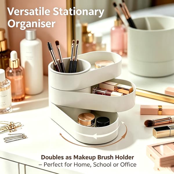 360° Roterende 3-lags Penneholder, Beige Skrivebordsorganisator