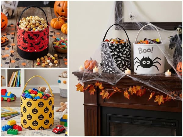 Halloween-godteribøtte, sammenleggbar stoffkurv, lett, bærbar, tilgjengelig i flere design, egnet for hyller (gresskar) A