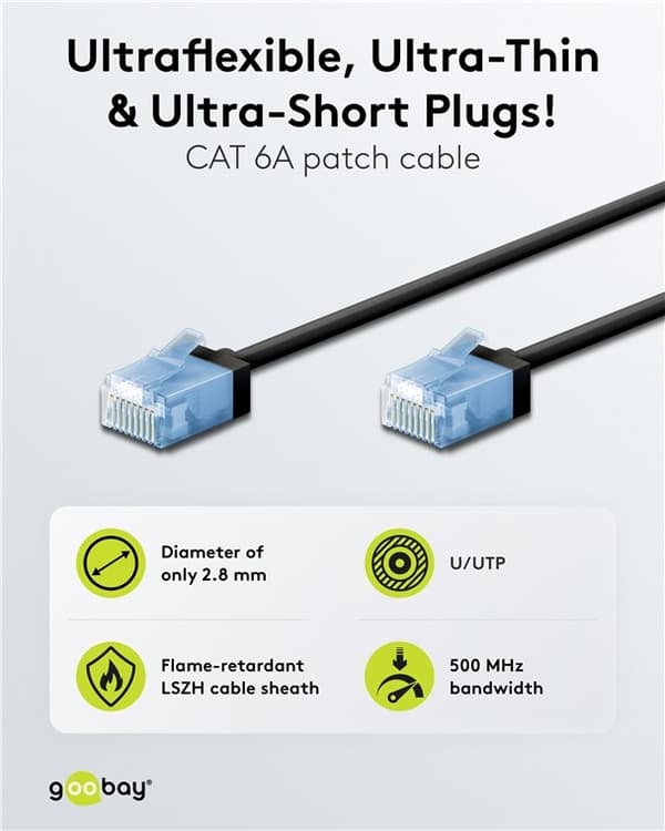 Ultraflexibel patchkabel CAT 6A, smal, U/UTP, svart