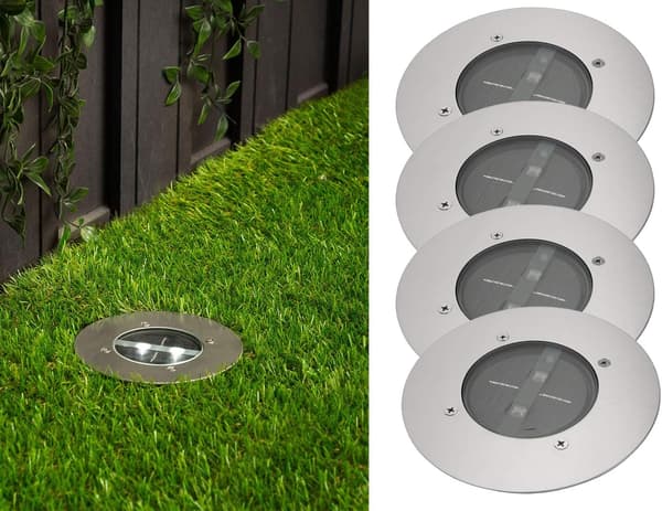 Sett med 4 moderne runde innfelte LED-solcellelamper i rustfritt stål/glass utendørs (varmhvit)