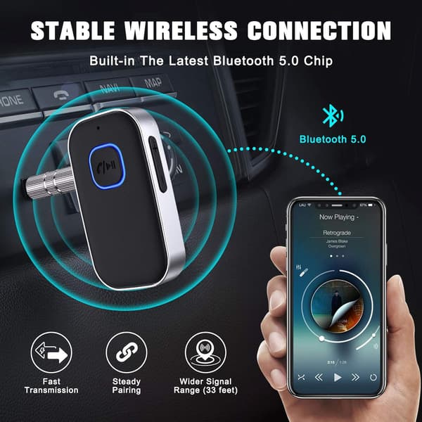 Bluetooth bil-aux-adapter, Bluetooth 5.0-lydmodtager med 3,5 mm aux-stik og støjreduktion til hi-fi-systemer