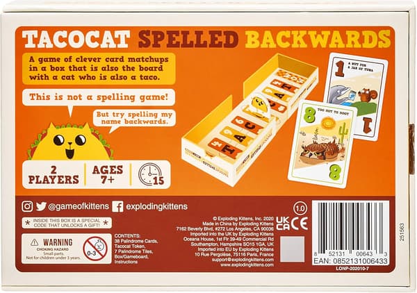 Tacocat Spelled Backwards från Exploding Kittens - 2 spelare - Ålder 7+ - 15 minuters speltid - Smart familjespel