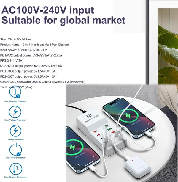 10-Port 72W Multi Opladestation til Smartphones, Tablets og Andre USB-Enheder